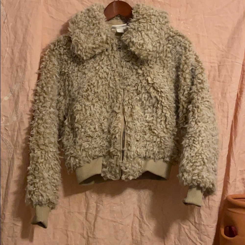 MONKI FAUX FUR SHEARLING BOMBER JACKET